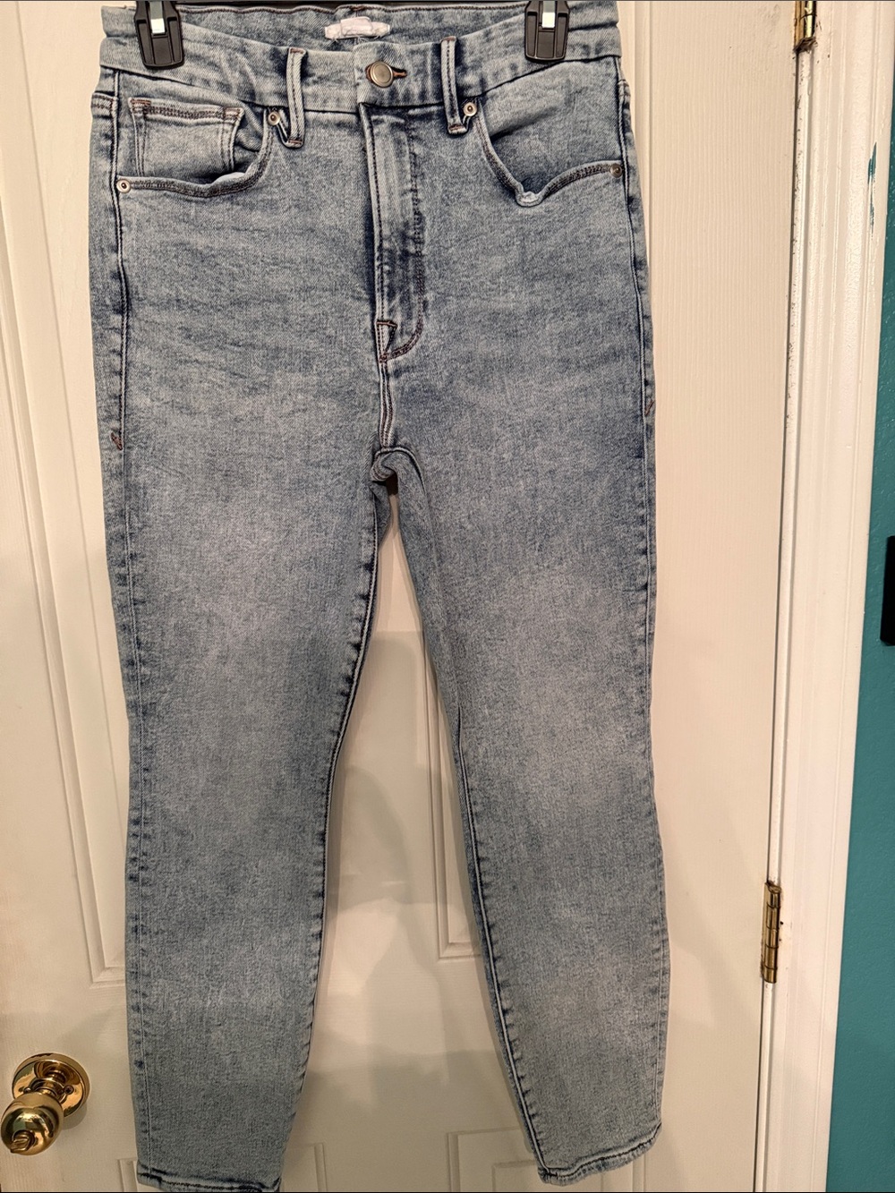 Good American High Rise Light Blue Acid Wash Jeans